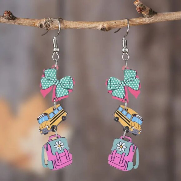 (5/$25‎ SALE ✅) 2D Theme Wooden Ear Art School Bus Backpack Dangle Drop Earrings - Picture 1 of 6